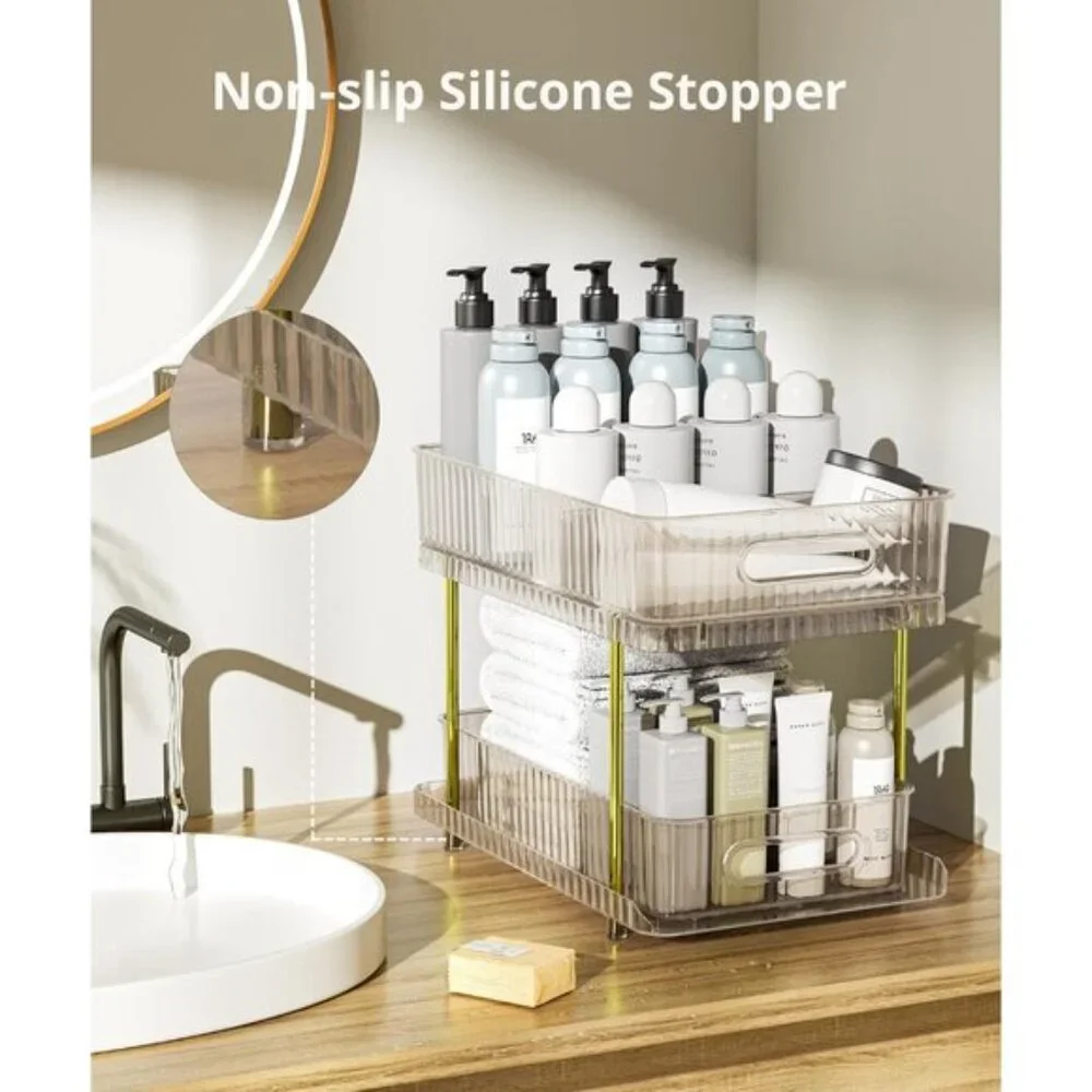 New 2-Tier Champagne Gold Makeup Organizer with Dividers for Vanity & Room
